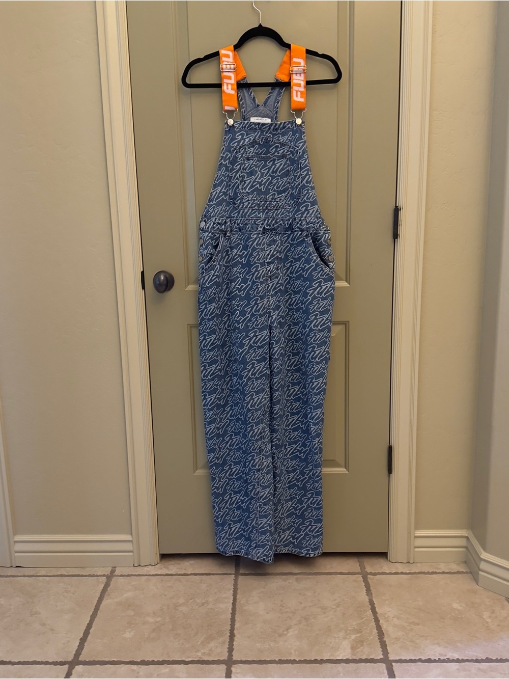 FUBU Blue Script Denim Overalls with Orange Logo Straps